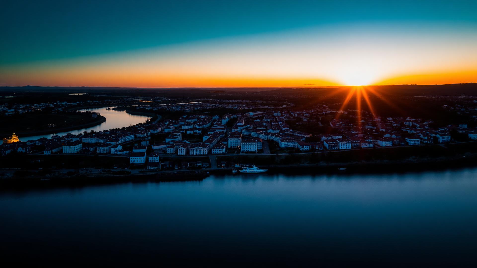 Vista aérea de Vila Real de Santo António ao pôr do sol